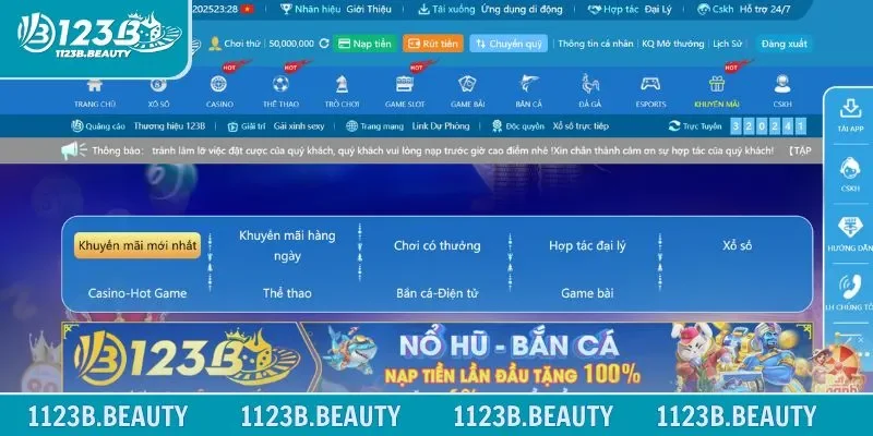 Giao diện trang chủ của thương hiệu 123B